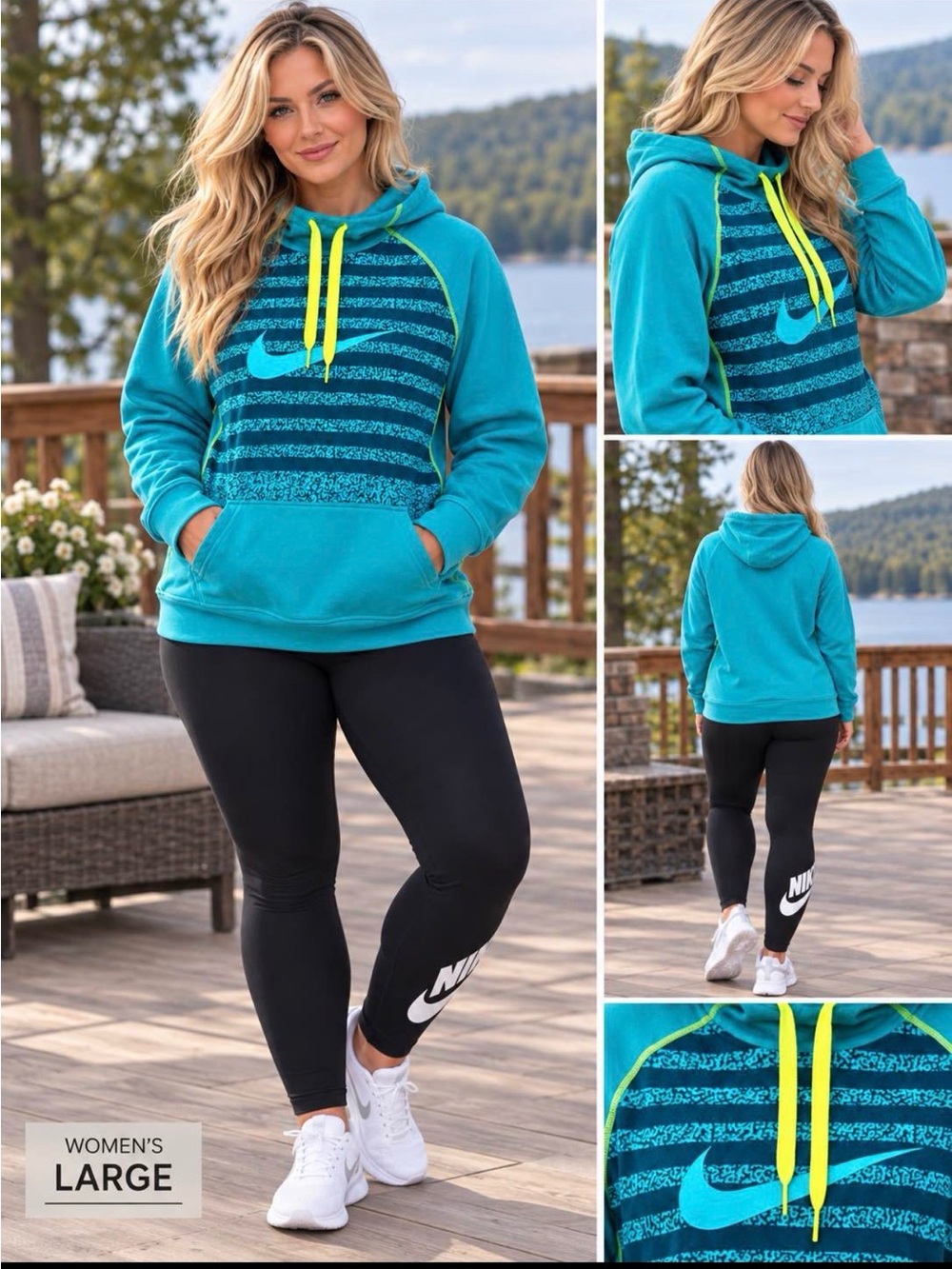 Nike womens large teal Striped Pullover Hoodie with black leggings outfit